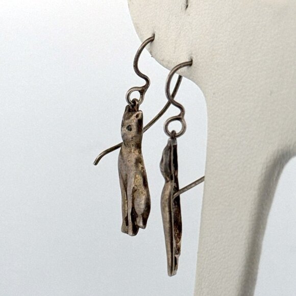 Vintage Estate Sterling Silver 925 Cat Dangle Earrings, 3.2g, XRF Tested - Picture 4 of 8